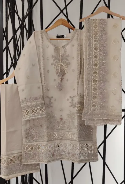 Pakistani Original Sadabahar Luxury Organza Stitched 3 Pcs _ Beige 